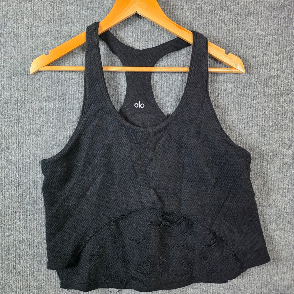 Alo Yoga Black Distressed Terrycloth Racerback Tank Top Athleisure Crop Medium